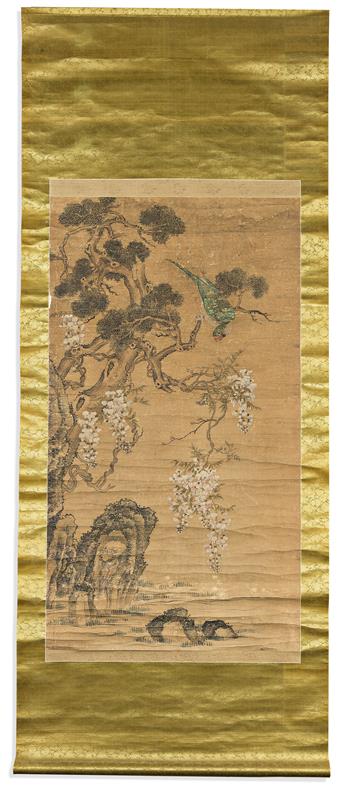 (NATURAL HISTORY.) Large scroll composition of a green parrot perched in a wisteria tree.